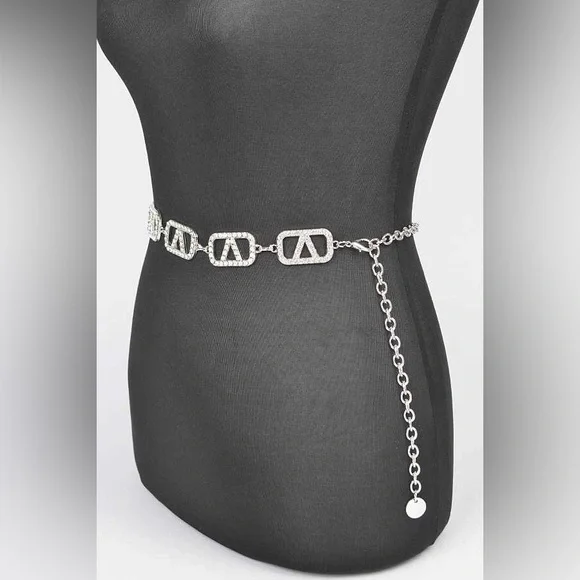Plus Size Rhinestone Silver & Gold Metal Chain Adjustable Statement Belt - Picture 4 of 6